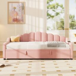 ModernLuxe Upholstered single daybed with pull out trundle & scalloped backrest in Pink - thumbnail 5