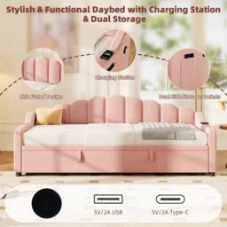 ModernLuxe Upholstered single daybed with pull out trundle & scalloped backrest in Pink - thumbnail 7