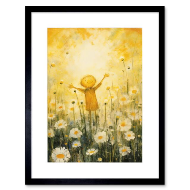 "Artery8 Wall Art Print Sunshine Happiness & Flowers Everywhere Simple Kids Bedroom Nursery Artwork Framed 9X7 Inch in Black - Size: W7"" x H9""" - image 1