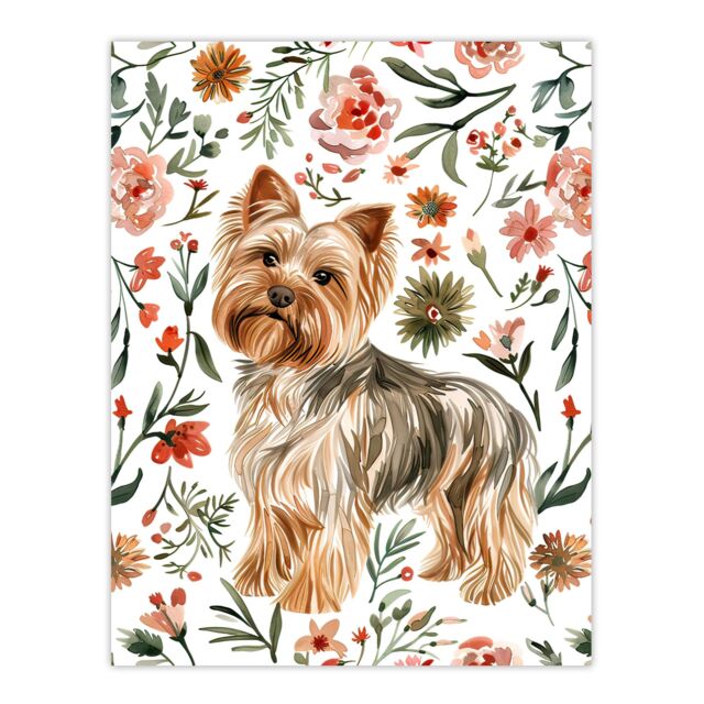 "Artery8 Yorkshire Terrier Dog Lover Pink Floral Pattern Wall Art Print - Size: W24"" x H32""" - image 1