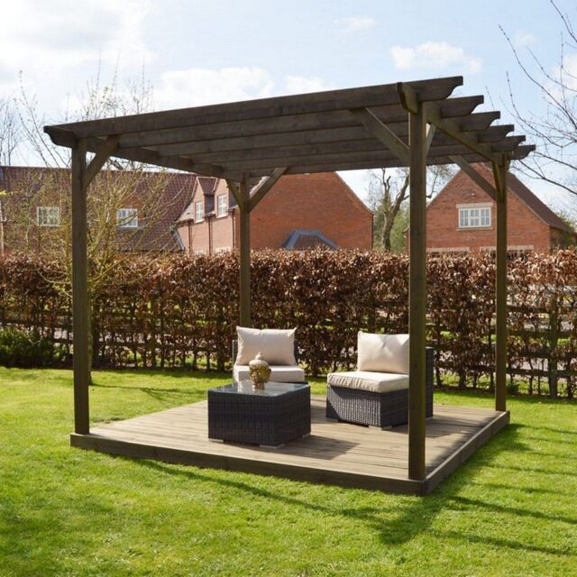 Rutland County Garden Furniture Ltd Garden Pergola & Decking Kit, Wood, L300 x W300 cm, Rustic Brown - image 1