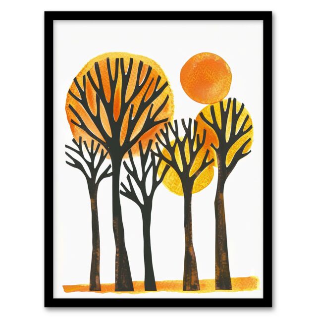 Artery8 Sun Over Autumn Trees Bright Abstract Watercolour Framed Art Print in Orange - Size: A4 - image 1