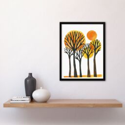 Artery8 Sun Over Autumn Trees Bright Abstract Watercolour Framed Art Print in Orange - Size: A4 - thumbnail 4
