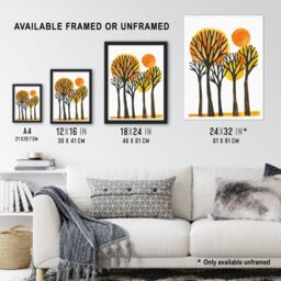 Artery8 Sun Over Autumn Trees Bright Abstract Watercolour Framed Art Print in Orange - Size: A4 - thumbnail 3