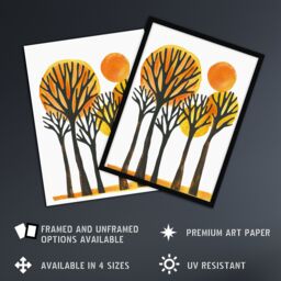 Artery8 Sun Over Autumn Trees Bright Abstract Watercolour Framed Art Print in Orange - Size: A4 - thumbnail 2