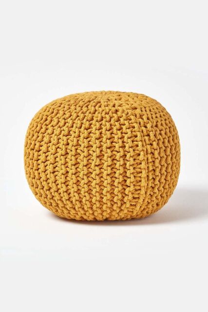 Homescapes Round Cotton Knitted Pouffe Footstool in Mustard - image 1