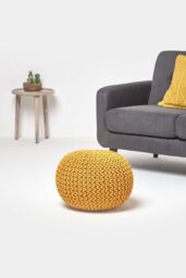 Homescapes Round Cotton Knitted Pouffe Footstool in Mustard - thumbnail 2