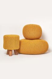 Homescapes Round Cotton Knitted Pouffe Footstool in Mustard - thumbnail 5
