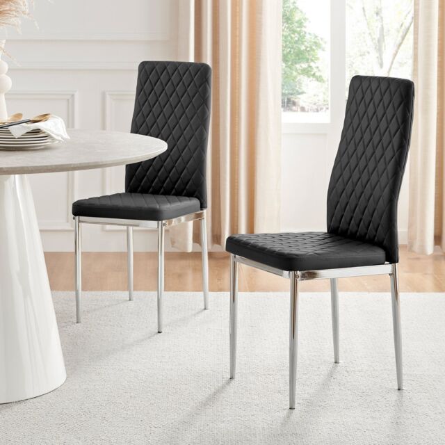 FurnitureboxUK Set of 6 Milan High Back Soft Touch Diamond Pattern Faux Leather Dining Chairs With Silver Chrome Metal Legs in Black - image 1