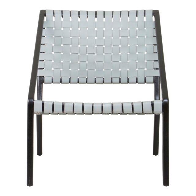 Orsina Grey Leather Woven Chair, Teak Wood Armchair, Black Framed Dining Chair, Patio Chair With Leather Straps - image 1
