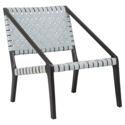 Orsina Grey Leather Woven Chair, Teak Wood Armchair, Black Framed Dining Chair, Patio Chair With Leather Straps - thumbnail 2