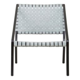 Orsina Grey Leather Woven Chair, Teak Wood Armchair, Black Framed Dining Chair, Patio Chair With Leather Straps