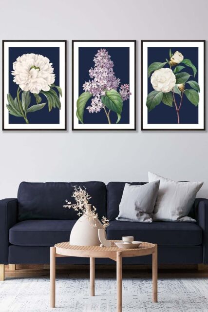 ARTZE Set of 3 Black Framed Vintage Flowers Lilac, Peony & Camellia on Navy Blue Wall Art - Size: W45 cm x H62 cm x D20mm - image 1