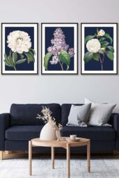 ARTZE Set of 3 Black Framed Vintage Flowers Lilac, Peony & Camellia on Navy Blue Wall Art - Size: W45 cm x H62 cm x D20mm - thumbnail 1