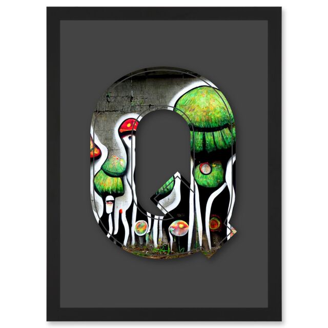 Artery8 Letter Q Abstract Trippy Grey Green Decorative Graffiti Mural Alphabet Initial Stencil Artwork Framed Wall Art Print A4 in Black - image 1