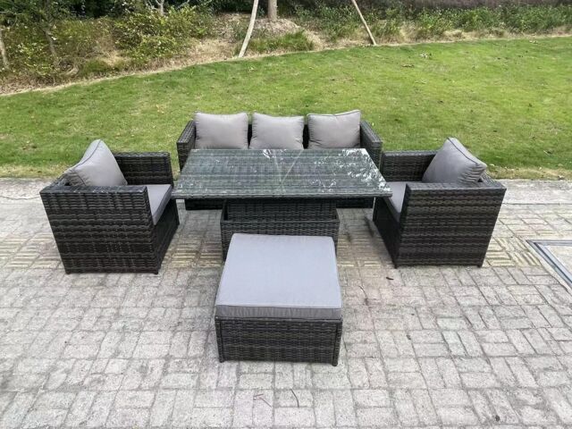 Fimous Rattan Garden Furniture Sofa Set Outdoor Adjustable Rising Lifting Dining Table Set in Dark Grey - image 1