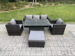 Fimous Rattan Garden Furniture Sofa Set Outdoor Adjustable Rising Lifting Dining Table Set in Dark Grey - thumbnail 1