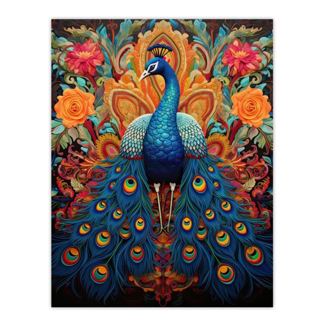 "Artery8 Wall Art Print Royal Peacock Oil Painting Blue Orange Pink Exotic Bird Symmetrical Floral Portrait Poster - Size: W18"" x H24""" - image 1