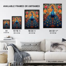 "Artery8 Wall Art Print Royal Peacock Oil Painting Blue Orange Pink Exotic Bird Symmetrical Floral Portrait Poster - Size: W18"" x H24""" - thumbnail 3
