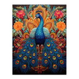 "Artery8 Wall Art Print Royal Peacock Oil Painting Blue Orange Pink Exotic Bird Symmetrical Floral Portrait Poster - Size: W18"" x H24""" - thumbnail 1
