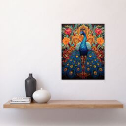 "Artery8 Wall Art Print Royal Peacock Oil Painting Blue Orange Pink Exotic Bird Symmetrical Floral Portrait Poster - Size: W18"" x H24""" - thumbnail 4