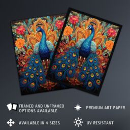 "Artery8 Wall Art Print Royal Peacock Oil Painting Blue Orange Pink Exotic Bird Symmetrical Floral Portrait Poster - Size: W18"" x H24""" - thumbnail 2