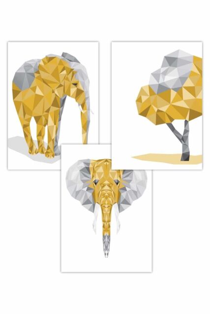 ARTZE Set of 3 Geometric Yellow Grey Elephant Set Art Posters - Size: W50 cm x H70 cm - image 1
