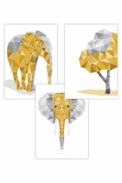 ARTZE Set of 3 Geometric Yellow Grey Elephant Set Art Posters - Size: W50 cm x H70 cm - thumbnail 1