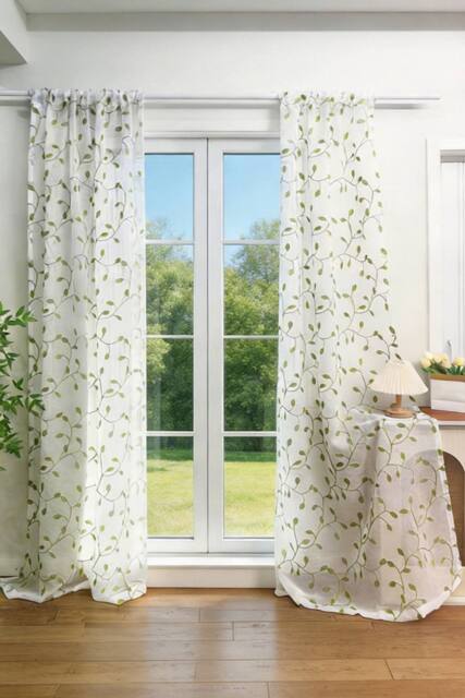 Living and Home 130cm W 2 Panels Leaf Pattern Embroidered Semi-sheer Curtains in White - Size: 240 cm - image 1