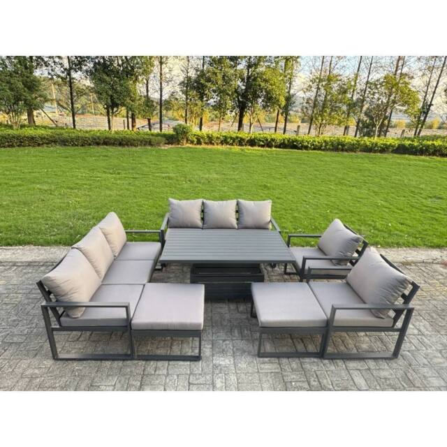 Fimous Aluminum 10-Seater Patio Set with Lifting Table & 2 Big Stools in Dark Grey - image 1