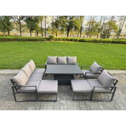 Fimous Aluminum 10-Seater Patio Set with Lifting Table & 2 Big Stools in Dark Grey - thumbnail 1