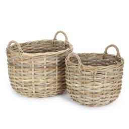 Red Hamper Set of 2 Curved Base Rattan Storage Basket in Natural