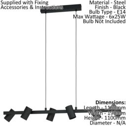 Loops Pendant Ceiling Light 6 Spots Track Colour Black Shade Bulb E14 6x25W - thumbnail 2
