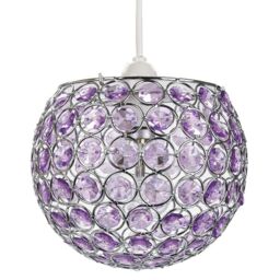 Happy Homewares Round Globe Easy Fit Pendant Shade with Small Acrylic Bead Jewels in Purple