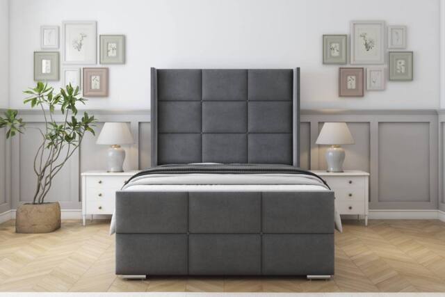 "Sloomy Beaumont Coniston Frame-Mattress-50"" Upholstered Wingback Headboard in Dark Grey - Size: Small Single" - image 1