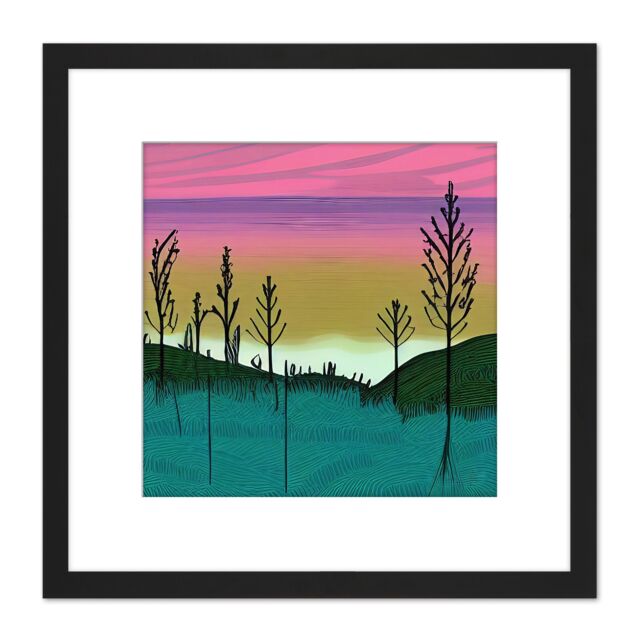 Artery8 Forest Hill Sunset Sunrise Sky Landscape Painting Pink Purple Green Teal Square Wooden Framed Wall Art Print Picture 8X8 Inch in Black - image 1