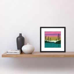 Artery8 Forest Hill Sunset Sunrise Sky Landscape Painting Pink Purple Green Teal Square Wooden Framed Wall Art Print Picture 8X8 Inch in Black - thumbnail 2