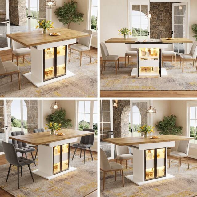 BTM RGB LED Extendable Dining Table Glass Storage White Black - image 1