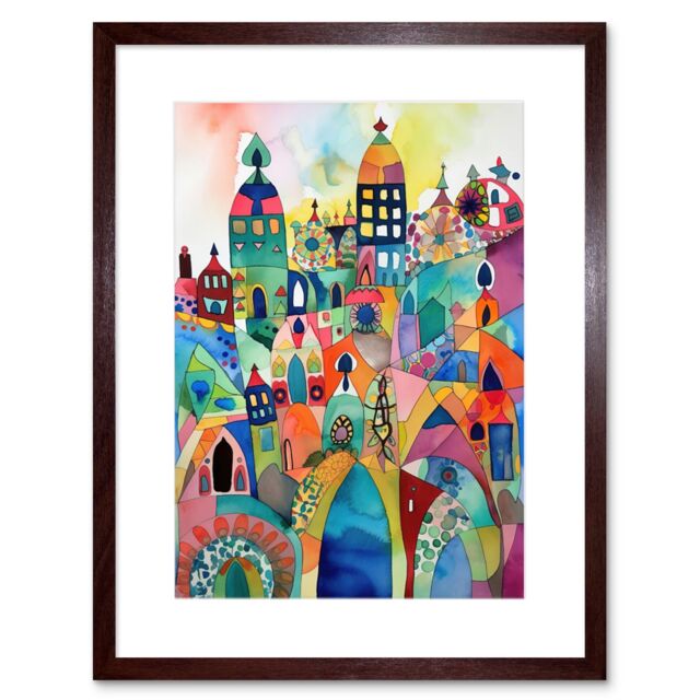 "Artery8 Wall Art Print Cityscape Abstract Folk Art Vibrant Multicoloured Watercolour Painting Artwork Framed 9X7 Inch in Brown - Size: W7"" x H9""" - image 1