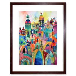 "Artery8 Wall Art Print Cityscape Abstract Folk Art Vibrant Multicoloured Watercolour Painting Artwork Framed 9X7 Inch in Brown - Size: W7"" x H9""" - thumbnail 1