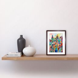 "Artery8 Wall Art Print Cityscape Abstract Folk Art Vibrant Multicoloured Watercolour Painting Artwork Framed 9X7 Inch in Brown - Size: W7"" x H9""" - thumbnail 2