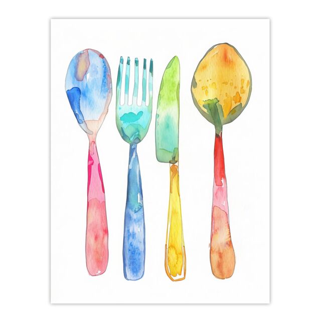 "Artery8 Colourful Cutlery Fork Knife Spoon Watercolour Wall Art Print - Size: W12"" x H16""" - image 1