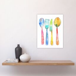 "Artery8 Colourful Cutlery Fork Knife Spoon Watercolour Wall Art Print - Size: W12"" x H16""" - thumbnail 4