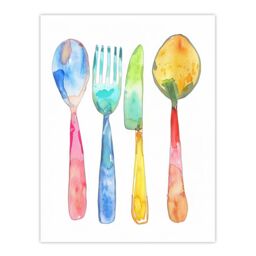 "Artery8 Colourful Cutlery Fork Knife Spoon Watercolour Wall Art Print - Size: W12"" x H16""" - thumbnail 1