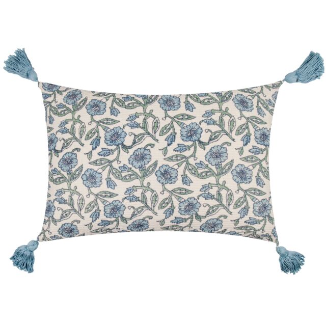 Paoletti Delphine Floral Tasselled 100% Cotton Cushion in Mid Blue - Size: 40 cm x 60 cm