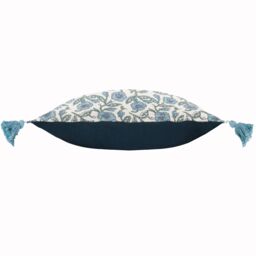 Paoletti Delphine Floral Tasselled 100% Cotton Cushion in Mid Blue - Size: 40 cm x 60 cm - thumbnail 3