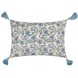 Paoletti Delphine Floral Tasselled 100% Cotton Cushion in Mid Blue - Size: 40 cm x 60 cm