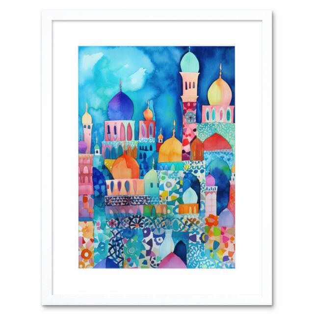 "Artery8 Wall Art Print Morocco Cityscape Moonlight Folk Artwork Framed 9X7 Inch in White - Size: W7"" x H9""" - image 1