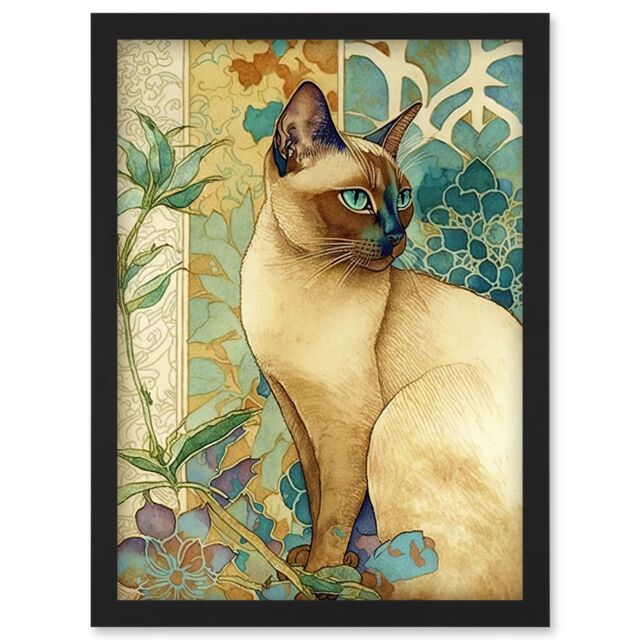Artery8 Tonkinese Cat with Art Nouveau Botanical Patterns Colourful Watercolour Illustration Artwork Framed Wall Art Print A4 in Black - image 1