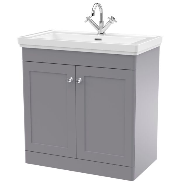 Balterley Bathroom Floor 2-Door Vanity Unit & Fireclay Basin, Satin Grey, 800mm in Grey - image 1
